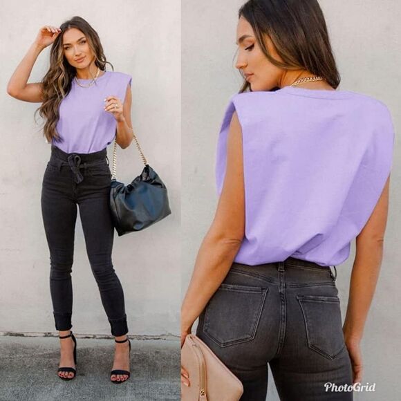 2/$20 Sleeveless Padded Strong Shoulder T-Shirt Crewneck Loose Tank Top Lavender - Picture 4 of 8